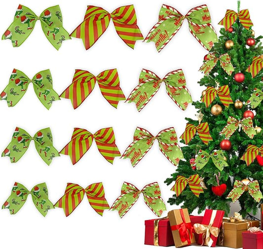 12Pcs Red Green Christmas Bows for Tree, 6 Inch Christmas Tree Bows with Adhesive Dots and Metal Tie, 3 Style Christmas Ornaments for Door Wreaths, Indoor Mantel, Gift Wrapping Decor