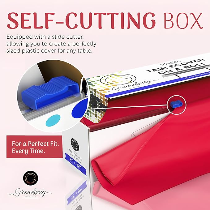 Grandipity Plastic Tablecloth Roll - 54in x 300 Ft. Red Plastic Table Cloths for Parties Disposable with Cutter Box - Cut to Size Disposable Tablecloth Table Cover for Rectangle & Round