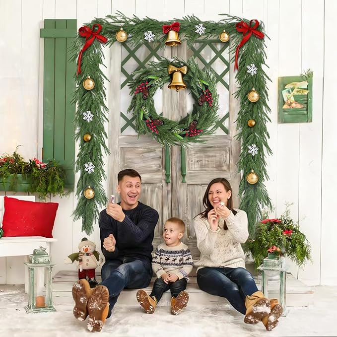 9FT Christmas Norfolk Pine Garland, Artificial Pine Needles Winter Garlands Faux Greenery Fake Garland for Holiday Fireplace,Table, Window, Stairs, Mante, Indoor Outdoor Decor (1 Pack, 9 FT)