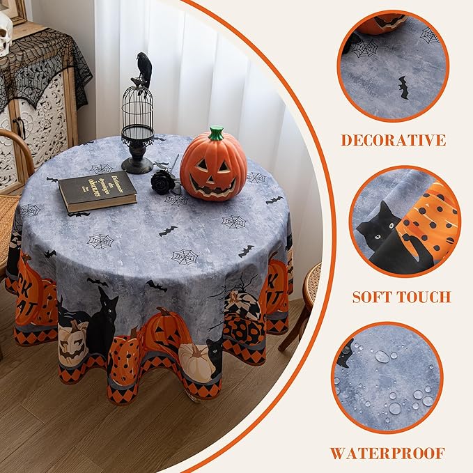 Halloween Waterproof Tablecloth – Spooky Pumpkin, Black Cat, Bat & Spider Web Design – Gray Holiday Table Cover for Party, Dining, and Home Decor, 60" Round