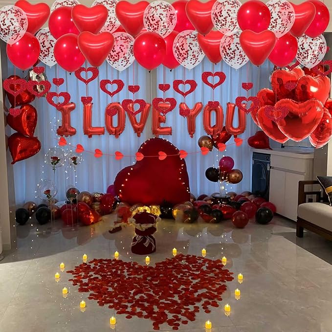 Valentine's Day Decorations 2 Set Red I LOVE YOU Balloons - 1200pcs Red Artificial Rose Petals 16" Letter Balloons 18" Heart Foil Balloons Latex balloons 10 heart balloons Hanging Swirls Heart Banner