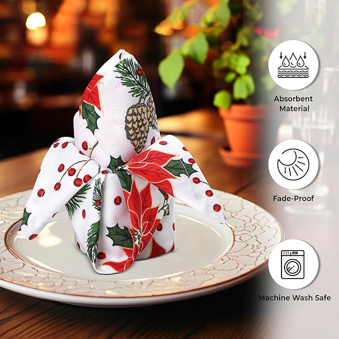 Urban Villa Christmas Dinner Napkins Set of 12 Pine Cone Print Cloth Napkins 100% Cotton Premium Quality 20x20 Inches Over Sized Cloth Napkins with Mitered Corners Durable Hotel Quality
