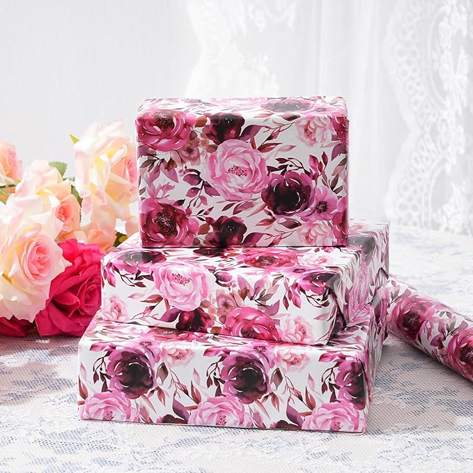 ZINTBIAL Floral Wrapping Paper Roll - Purple Rose Design, 17 Inches x 16.5 Feet, Gift Wrap for Wedding, Bridal Shower, Birthday, Mother's Day,Anniversary, Cut Lines on Back