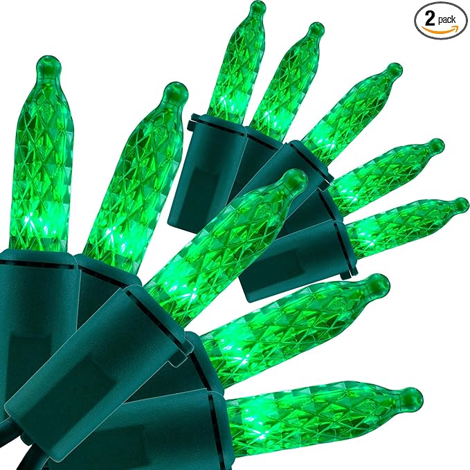 YULETIME Green Faceted LED Christmas Lights 200 Count 50 ft, Pack of 2 Strands 25 ft 100 Lights UL Certified Commercial Grade Green Wire Holiday String Light Set (Green)