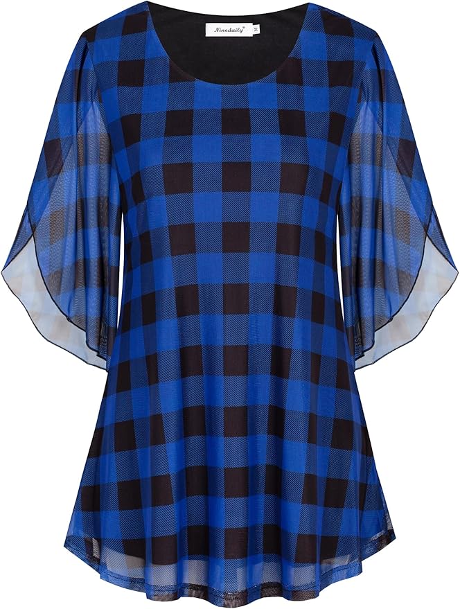 Ninedaily Women's Tops 3/4 Sleeve Blouses Dressy Casual Double Layers Mesh Tunic Shirts