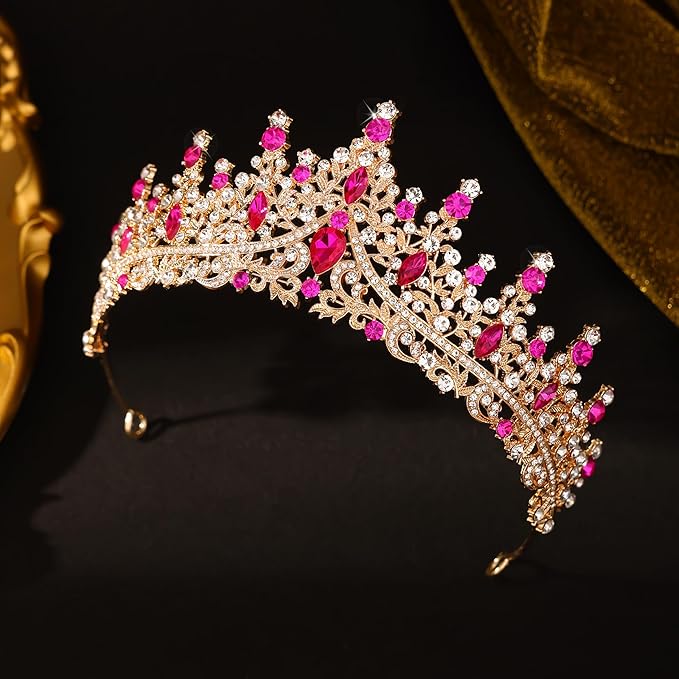 Hot Pink Tiara for Women Crystal Queen Crowns Rhinestone Princess Tiaras for Girl Wedding Headband for Bride Hair Accessories for Halloween Costume Birthday Party Prom Mother's Gifts