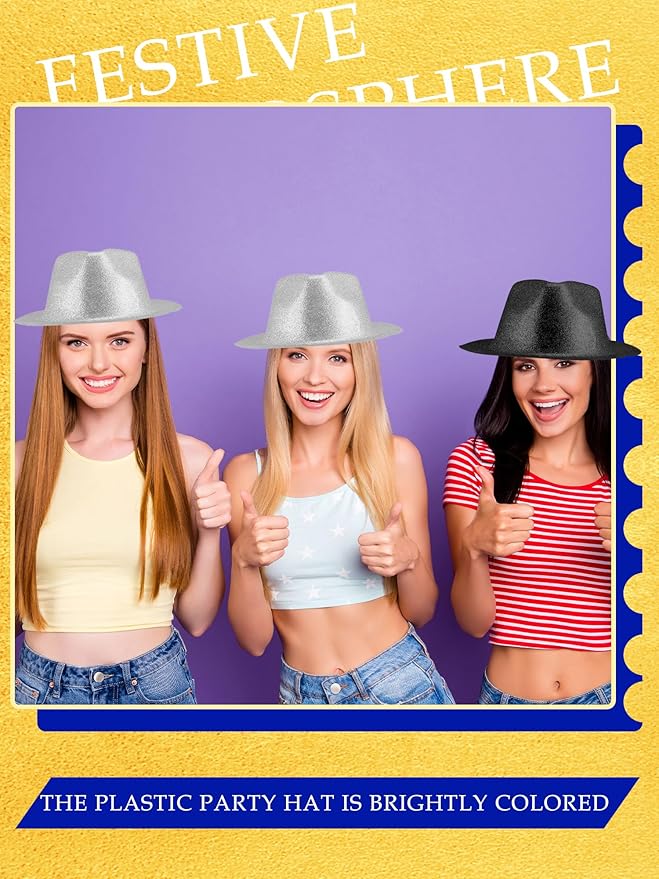 28 Pack Plastic Party Hats Bulk Glitter Party Hat Fedora Party Hat Gangster Hat for Adult Kids Costume Accessory