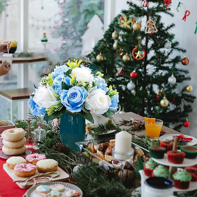 Artificial Flowers Rose Centerpieces, 6 Pcs Faux Flower Kissing Ball Fake Flower 15 Heads Plastic Roses with Base Perfect for Wedding Bouquets Party Table Decor for Flower Balls Wedding(Blue White)