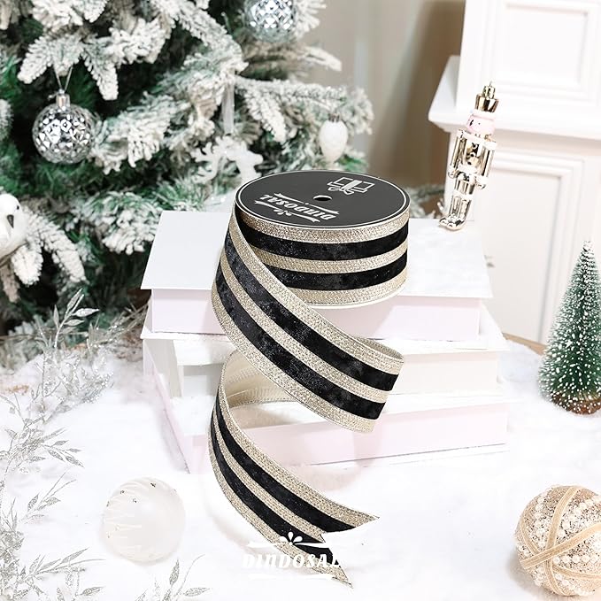 Black Velvet Wired Ribbon with Champagne Glitter Stripe 2.5 Inch Crushed Velvet Christmas Ribbon, 10 Yards for Gift Wrapping, Crafts, Christmas Tree Decorations, Wreath Supplies, Garlands