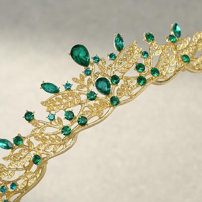 SWEETV Gold Princess Tiaras for Women Girls, Green Queen Crowns Tiaras Adult Headband for Bride Wedding Bridal Birthday Quinceanera Pageant Party Prom,Halloween Costume Cosplay Accessories