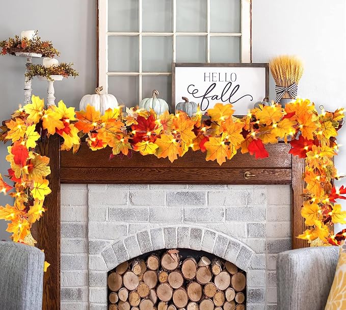 AKIT Fall Decor Lighted Fall Garland 45 LED Outdoor String Lights Waterproof with Timer - Thanksgiving Fall Decorations for Home Halloween Garland for Mantle Indoor