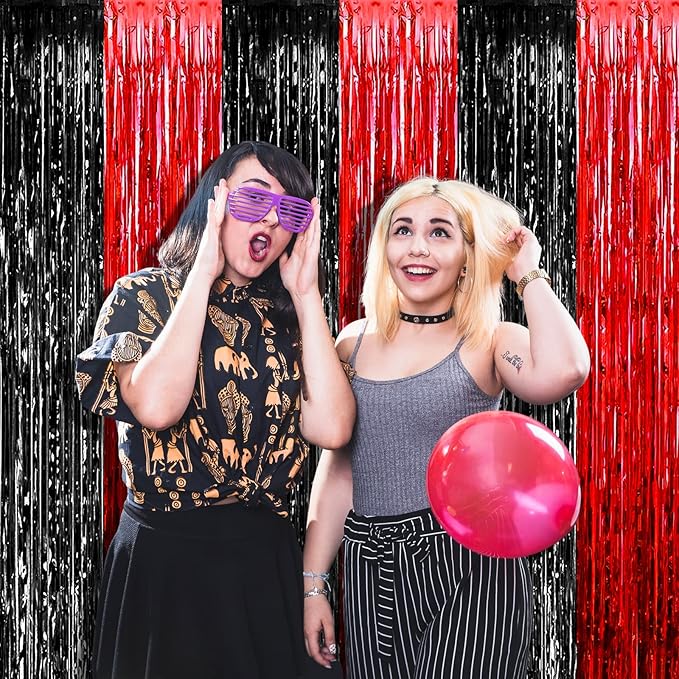 4 Pack 3.2Ft x 9.8Ft Black Red Foil Fringe Curtain Backdrop, Metallic Tinsel Foil Fringe Streamers Curtains for Photo Booth, Wedding, Casino Viva Las Vegas Game Night Birthday Party Decoration