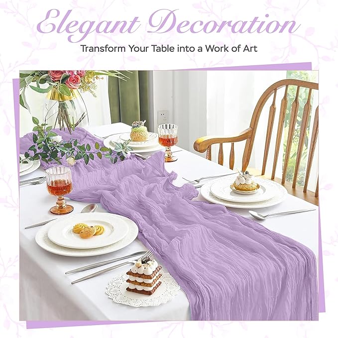Cheesecloth Table Runner 6 Pack – 35x120 Inch (10ft) Boho Rustic Gauze Cloth Runners – Crinkle Polyester Table Decor for Wedding, Baby Shower, Bridal Shower, Birthday Party and More (Lilac Purple)