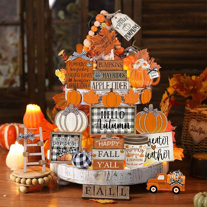 21 Pcs Fall Thanksgiving Tiered Tray Decoration Set Thanksgiving Table Sign Pumpkins Farmhouse Gnome Maple Leaves Centerpieces Harvest Wood Blocks Signs Fall Block Tabletop for Autumn