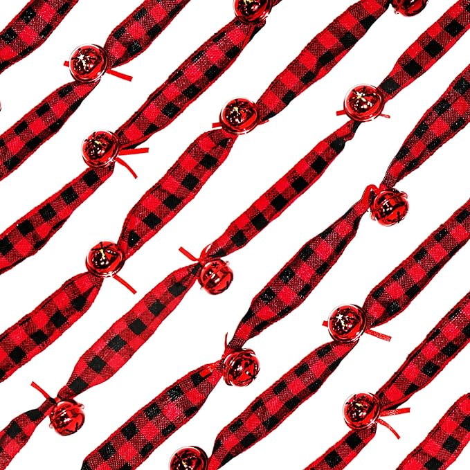 Jishi Rustic Buffalo Plaid Ribbon Garland - 6 Yards with Jingle Bell & Metal Sleigh Bell Ornaments