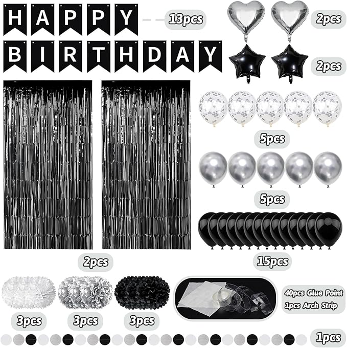 ZERODECO Black White Birthday Party Decorations, Happy Birthday Banner Pompoms White Black Balloon Arch Fringe Curtain Party Décor for Men Women Black and White Party
