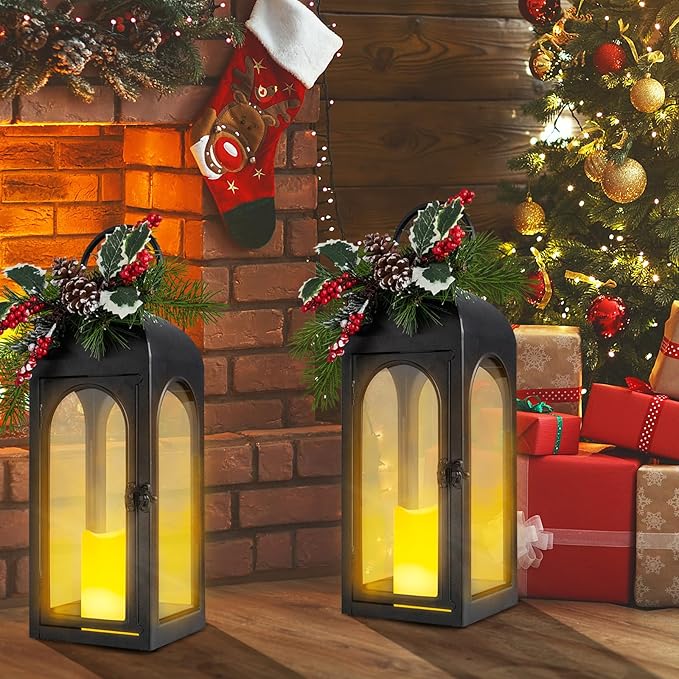 Christmas Lanterns Decorative Indoor, Christmas Lantern Outdoor with Timer, 16 Inch Decorative Candle Lanterns Flameless Light with Floral and Greenery for Table Centerpieces,Home, Porch Decor