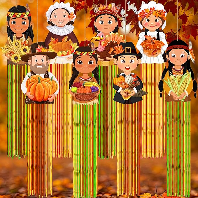 8 Pcs Fall Thanksgiving Pilgrim Outdoor Hanging Decorations with Tassels Autumn Pilgrim Harvest Yard Signs for Farmhouse Festival 3.3 ft Home Lawn Yard Party Supplies Garden Decor