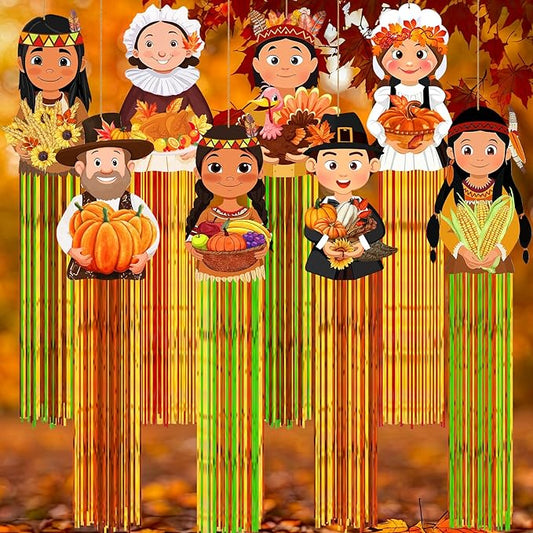 8 Pcs Fall Thanksgiving Pilgrim Outdoor Hanging Decorations with Tassels Autumn Pilgrim Harvest Yard Signs for Farmhouse Festival 3.3 ft Home Lawn Yard Party Supplies Garden Decor