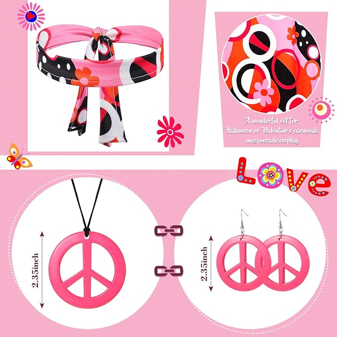 Haysandy 70s 60s Hippie Costume Set Women Disco Outfit Accessories for Halloween Carnival Earrings Necklace Headband