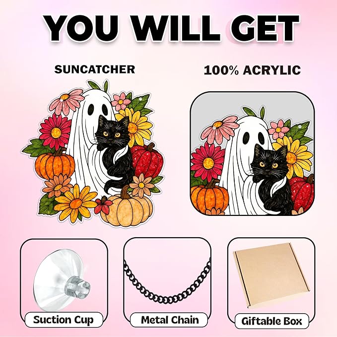 Cute Ghost Black Cat Halloween Decoration, Spooky Floral Boo Suncatcher Window Hanging, Fantasy Ghost and Pumpkin Ornaments, Gothic Housewarming Autumn Gifts for Mom, Plant Lovers, Cat Mom, Women