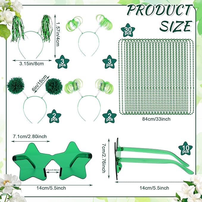 50 Pcs Green Holiday Team Spirit Party Accessories Pom Pom Party Headbands Star Shape Sunglasses Bead Necklaces Stuff Favors for Birthday Wedding Supplies(Classic)