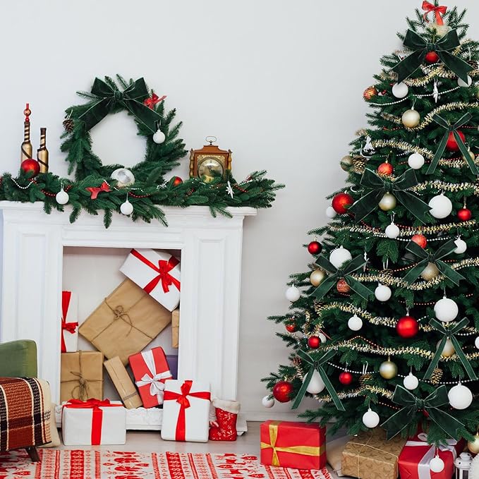 Yilloog 3/8'' 1'' 2'' 90 Yards Christmas Velvet Ribbon Vintage Satin Fabric Velvet Ribbon Roll for Christmas Tree Ornaments Decoration Gift Wrapping Bow DIY Crafts (Green)