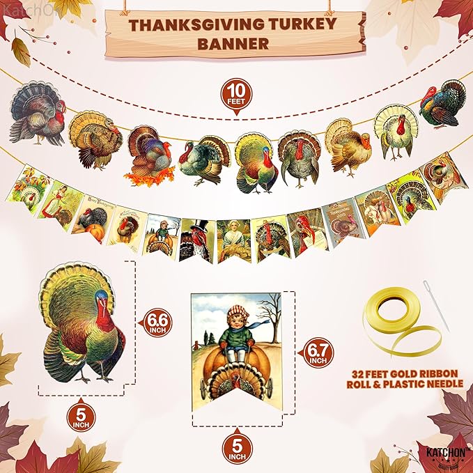 KatchOn, Vintage Thanksgiving Banner - 10 Feet, 2 Strings | Turkey Banner for Turkey Decoration | Vintage Thanksgiving Decorations Indoor, Harvest Decorations