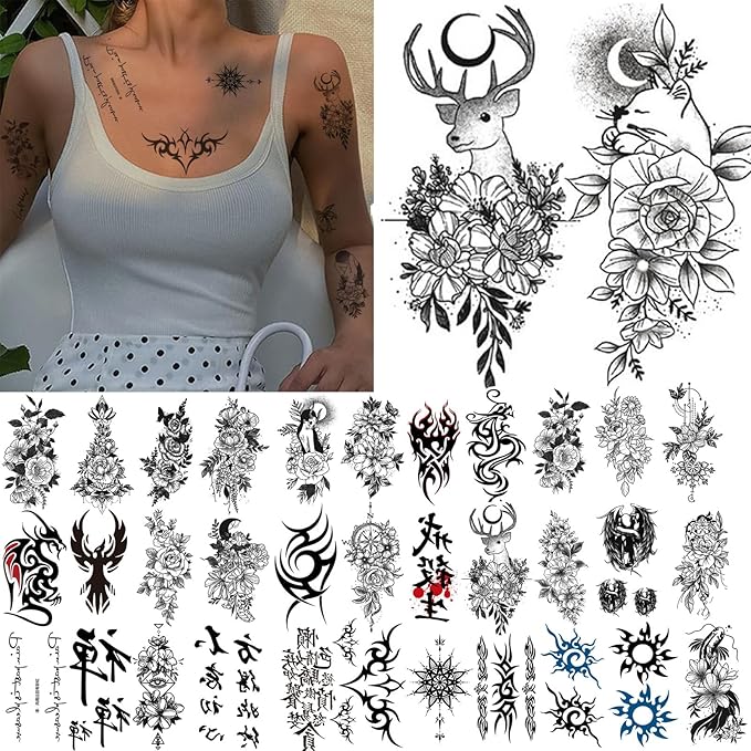 60 Sheets Temporary Tattoos Adult Black Fake Tattoos Oriental Totem Love Flower unisex (60PCS Totems and flowers)
