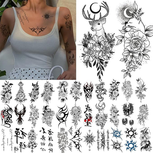 60 Sheets Temporary Tattoos Adult Black Fake Tattoos Oriental Totem Love Flower unisex (60PCS Totems and flowers)