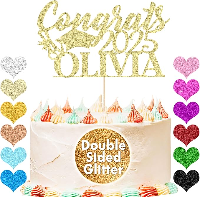 Personalized Cake Topper Custom Congrats Graduation Hat Student Class of 2025 Double Sided Glitter Card with Any Name (Champagne Gold)
