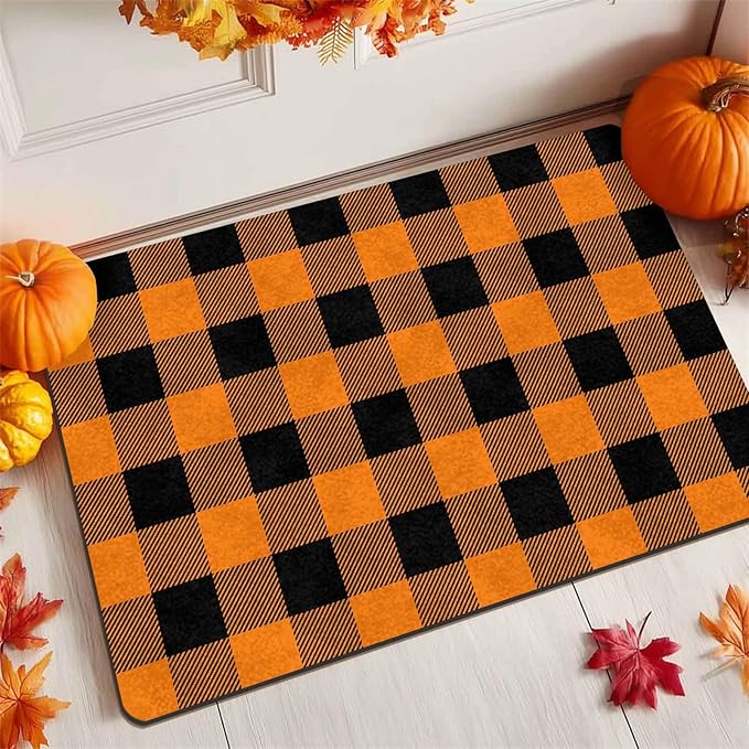 InterestPrint Fall Welcome Buffalo Plaid Door Mat Front Door Outdoor Doormat Outside Entrance Porch Non Slip Rubber Rug Autumn Halloween Thanksgiving Farmhouse Decor, 30"x18"inch