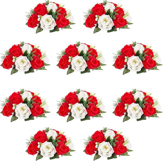 10Pcs Artificial Flower Ball Arrangement, Fake Floral Centerpieces Wedding Roses Bouquet for Parties Valentine's Day Wedding Centerpieces and Home Decor (Red & White)