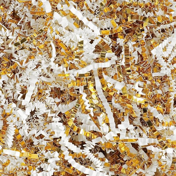 Uptotop 2 LB Crinkle Cut Paper Shred Filler for Gift Wrapping Basket Filling, Birthday, Christmas, Thanksgiving, Wedding, Mother's Day (White and Gold)