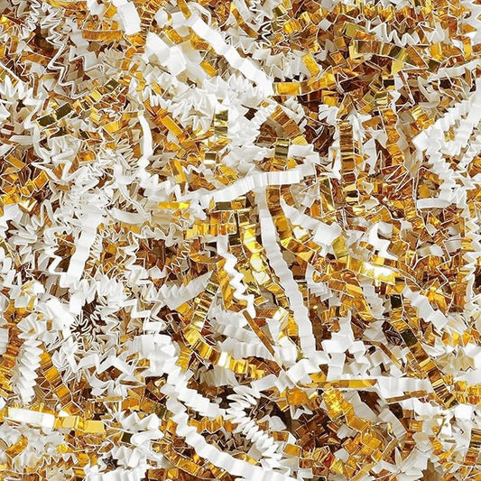 Uptotop 2 LB Crinkle Cut Paper Shred Filler for Gift Wrapping Basket Filling, Birthday, Christmas, Thanksgiving, Wedding, Mother's Day (White and Gold)