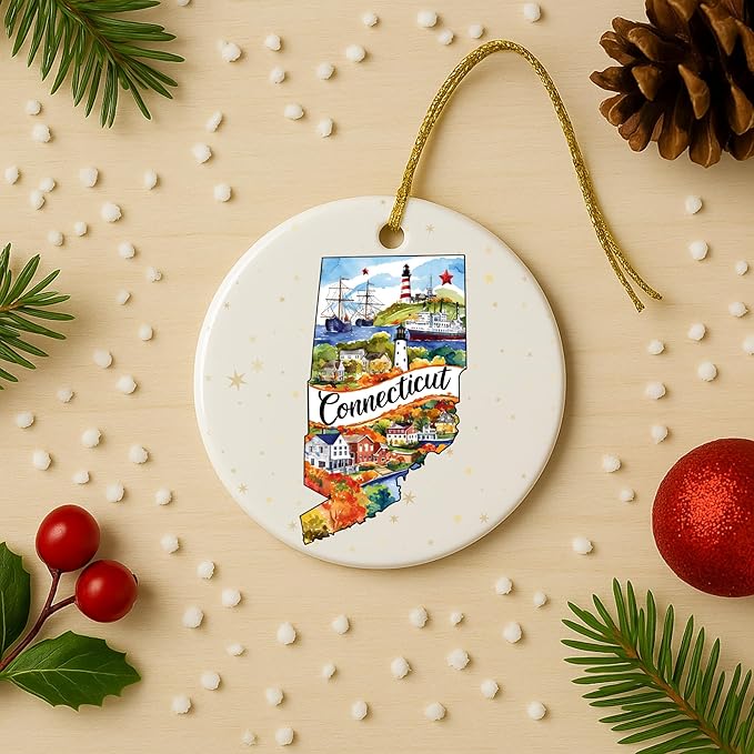 USA State Landmark Ceramic Ornament – Round Glossy Christmas Decoration Featuring U.S. State Art, Landmarks & Holiday Scenery – Collectible Travel Souvenir Ornament Series (Connecticut)