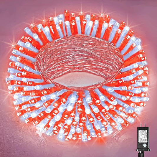Red and White Christmas Lights Outdoor Waterproof 66ft 200 LED Christmas String Lights 8 Modes Plug in Twinkle Fairy Lights with Timer Memory for Indoor Outside Bedroom Home Party Decoration