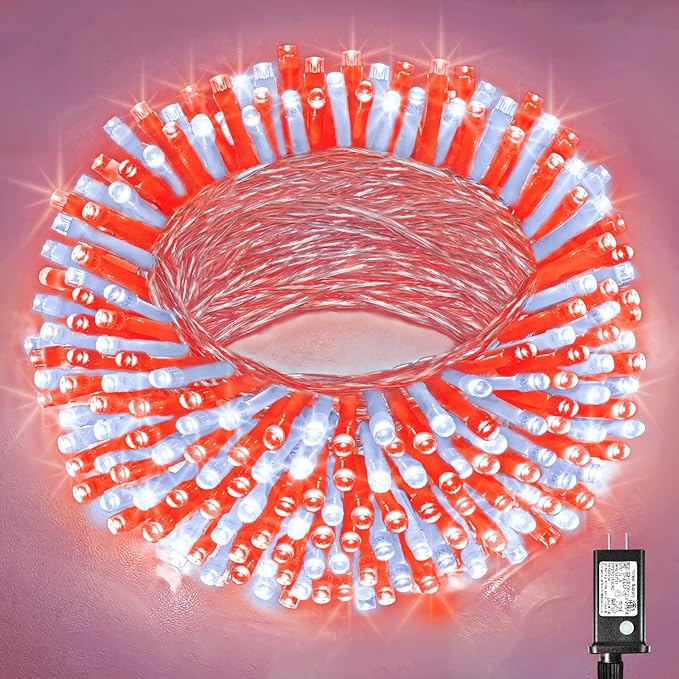 300 LED Christmas Lights Outdoor -100ft Extra Long Christmas String Lights 8 Modes Plug in Waterproof Fairy Lights with Timer Memory for Indoor Outside Bedroom Home Party Decoration, Red&White