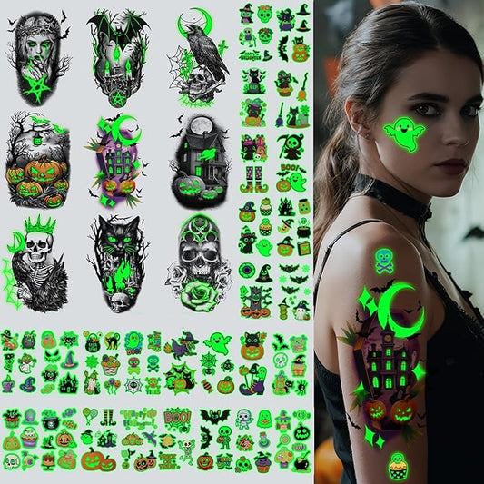 Halloween Glow Temporary Tattoos for Kids Adults, Glow In the Dark Tattoos, Pumpkin, Skull, Bat, Ghost, Witch, Crow, Cat, Horror House Half Arm Halloween Fake Tattoos Decorations