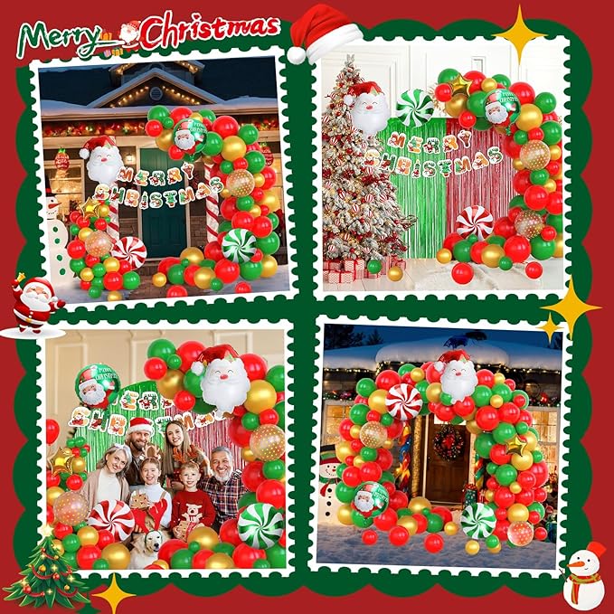71 Pcs Christmas Balloons Garland Arch Kit Gold Sequined Balloons, Red Green Foil Fringe Curtain Christmas Birthday Backdrop Party Balloons Supplies