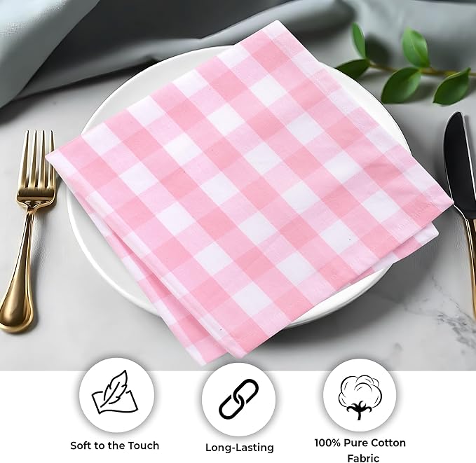 Urban Villa Cloth Napkins 100% Cotton Dinner Napkins Highly Absorbent 20x20 Inches (Set of 12) Pink White Buffalo Checks Reusable Washable Soft Durable Premium Napkins Ideal for Home Wedding Parties