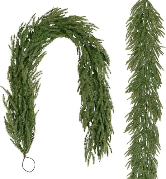 U'Artlines 2Pcs Christmas Norfolk Pine Garland, 9 Ft Xmas Faux Greenery Garland Real Touch Winter Cedar Garlands for Table Stairs Mantle Fireplace Holiday Decoration