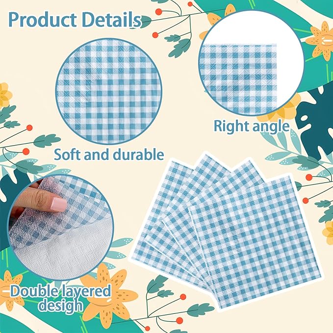 FLOWERCAT 100-Count 2-Ply Blue Checkered Cocktail Napkins Gingham - Blue and White Checkered Napkins Disposable Premium Quality - 5" x 5" Blue Paper Napkins for Easter Party,Bar,Weddings