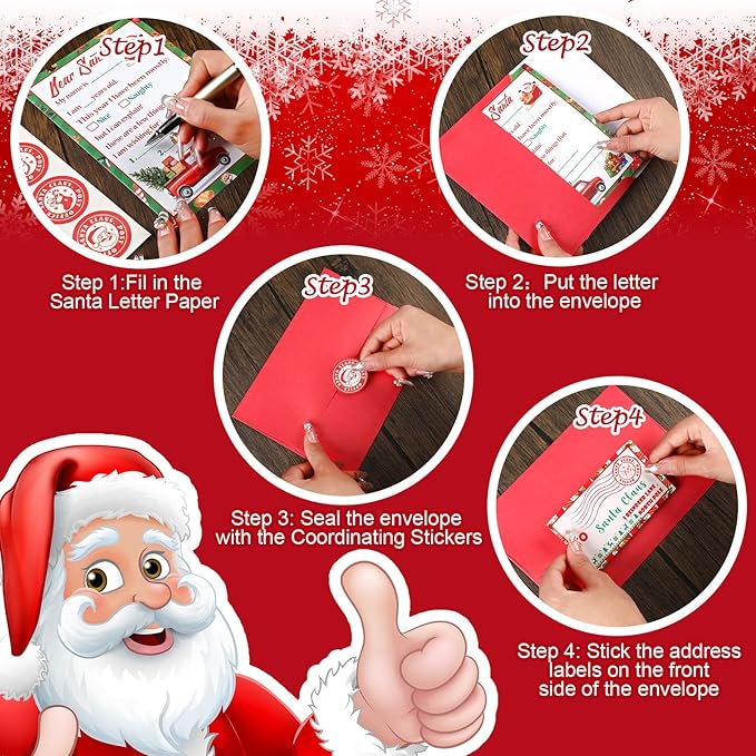 Cholemy 192 Pcs Official Letter to Santa Kit Including 48 Pcs Christmas Cards with Coordinating 48 Pcs Red Envelopes 48 Pcs Stamps 48 Pcs Stickers 5 x 7 Letter to Santa for Christmas Wish List Kids