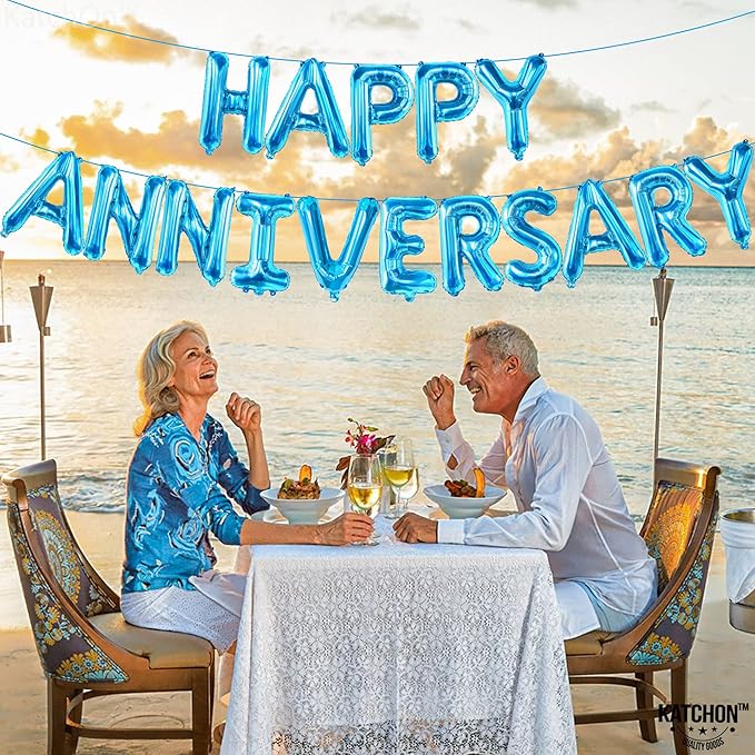 KatchOn Blue Happy Anniversary Balloons - 16 Inch, Foil with Happy Anniversary Banner and Backdrop