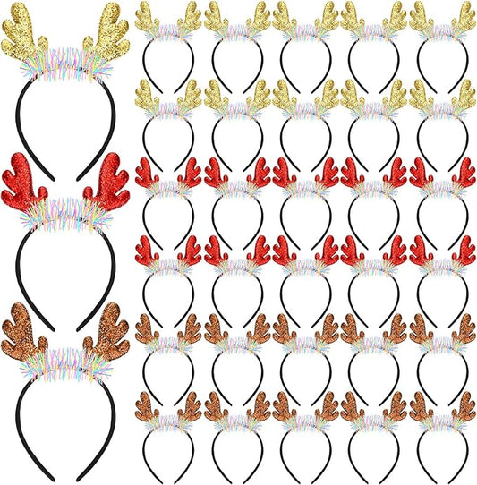 Riceshoot 30 Pcs Christmas Reindeer Antlers Headband Bulk Deer Antlers Headbands with Ears Deer Costume for Women Halloween Party Favors Supplies