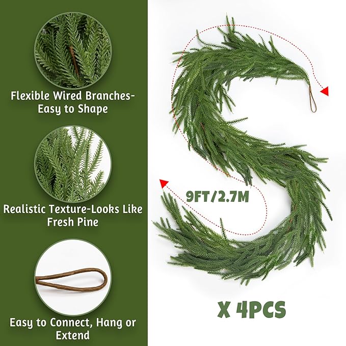 4 Pcs 9 Ft Artificial Norfolk Pine Garlands, Real Touch Norfolk Pine Garland, Realistic Natural Christmas Greenery for Table, Mantle, Wall, Indoor, Outdoor Holiday Decor (4, 9 FT)