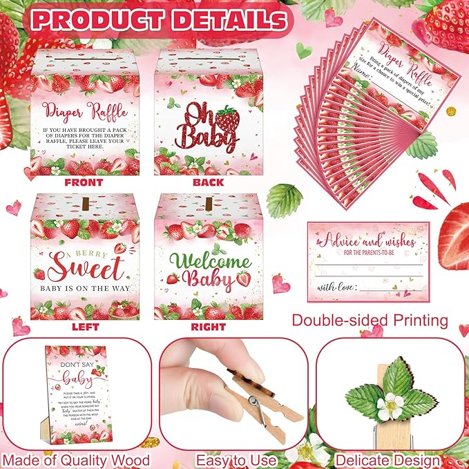 102 Pcs Baby Shower Game Supplies Diaper Raffle Tickets with Diaper Raffle Card Box Don't Say Baby Sign Mini Clothespin Baby Shower Game Decor for Baby Shower Gender Reveal(Strawberry)