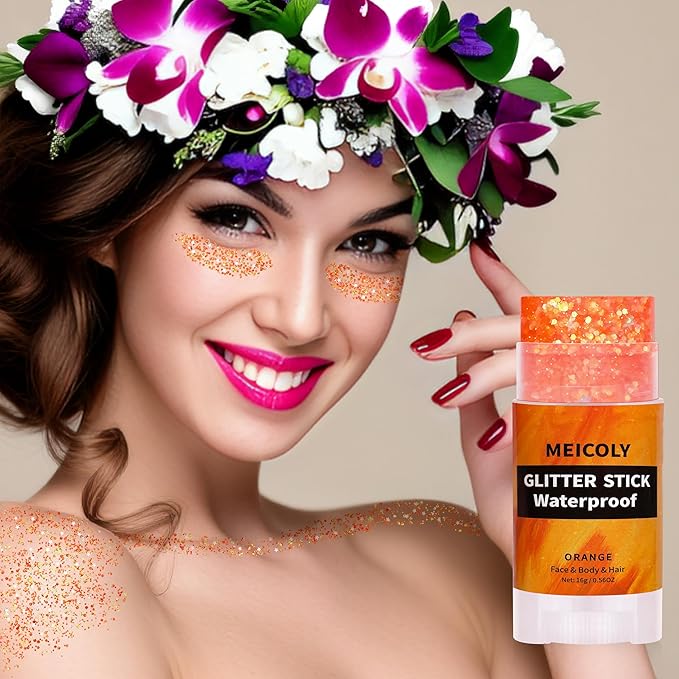 MEICOLY Orange Face Body Glitter Stick,Hair Glitter Stick for Kids and Women,Sparkle Chunky Glitter Makeup,Waterproof Face Glitter for Party Rave Festival