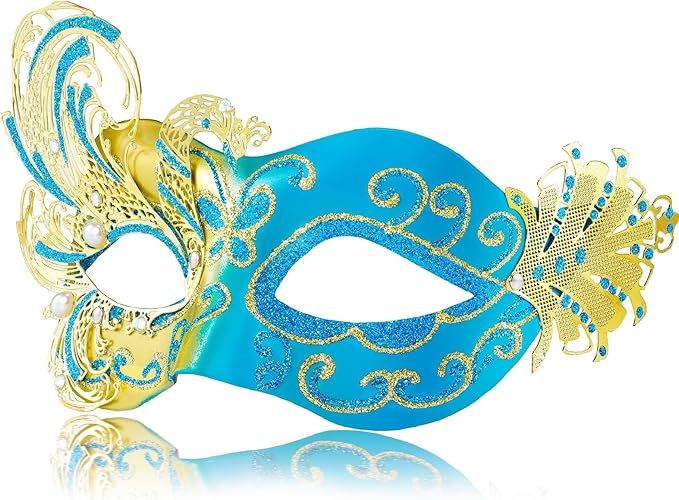 2025 New Gold and Blue Masquerade Mask for Women-Butterfly Masquerade Eye Mask - Peacock Metal Filigree Venetian Masks-Perfect for Halloween Parties, Costume Party, Carnivals, Wedding